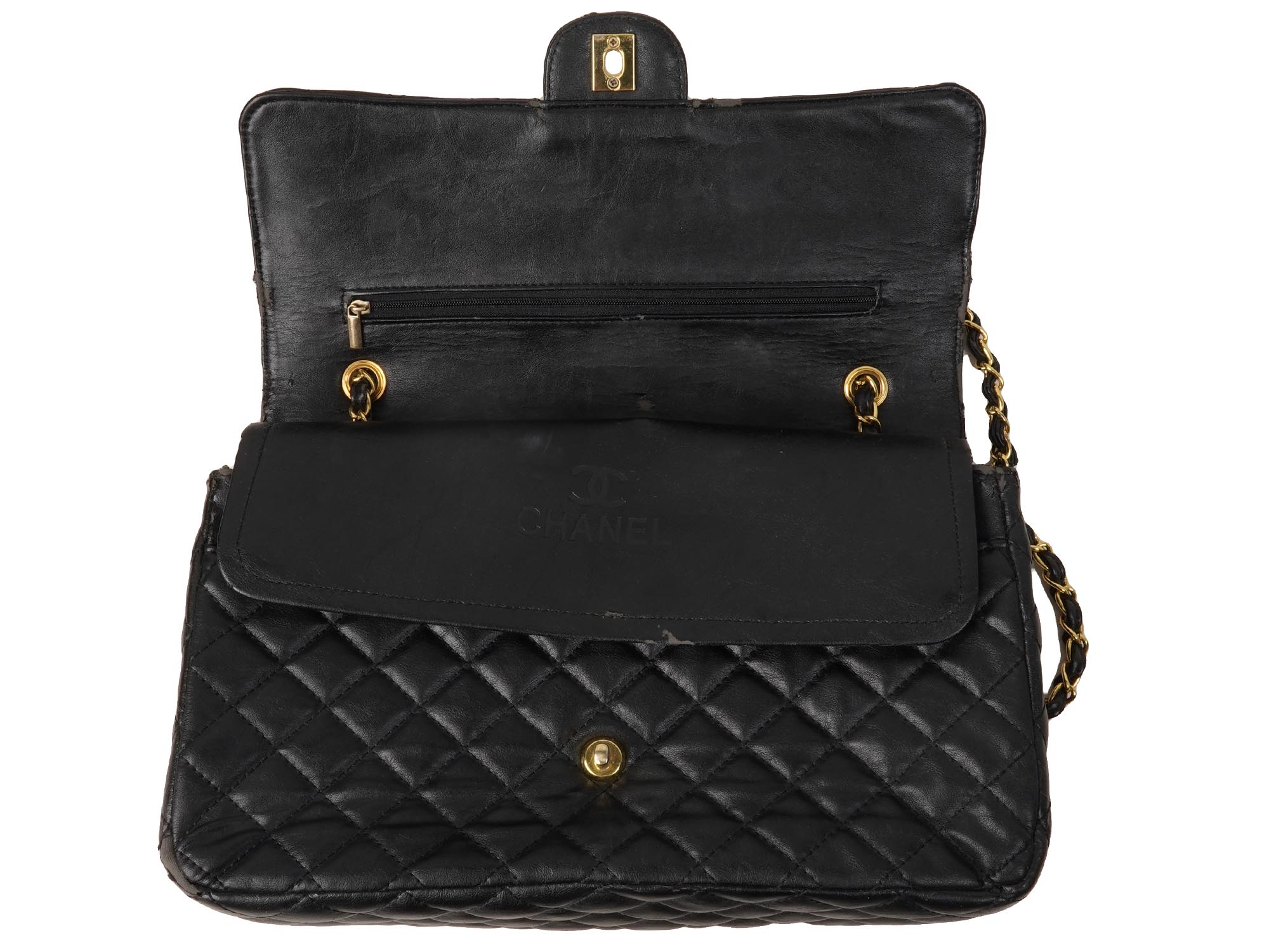 CHANEL STYLE FLAP QUILTED BLACK LEATHER BAG PURSE PIC-3